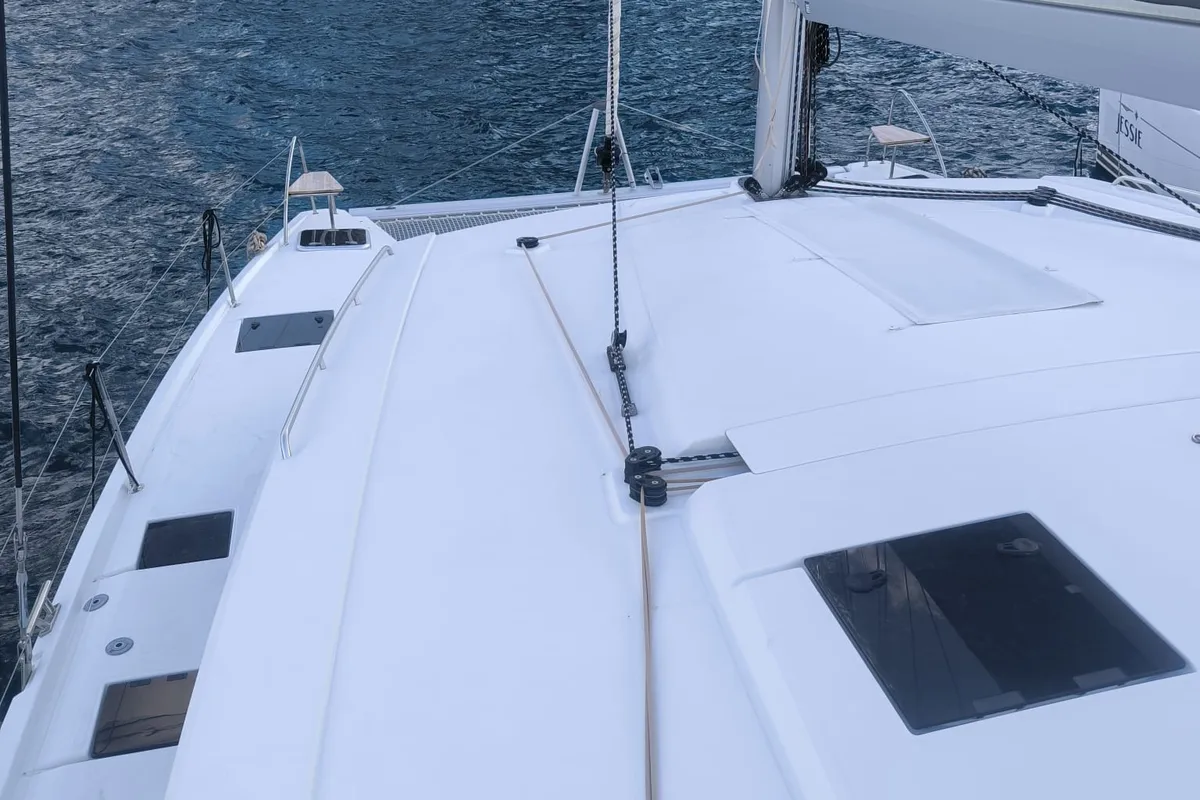 Deck of Arven, a Fountaine Pajot Isla 40 catamaran at Marmaris, Turkey