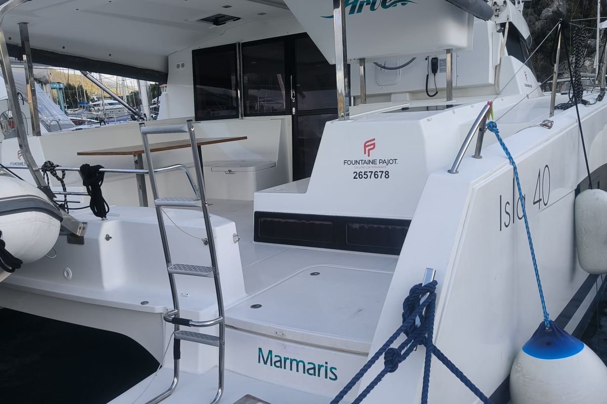 Exterior view of Arven, a Fountaine Pajot Isla 40 catamaran at Marmaris, Turkey