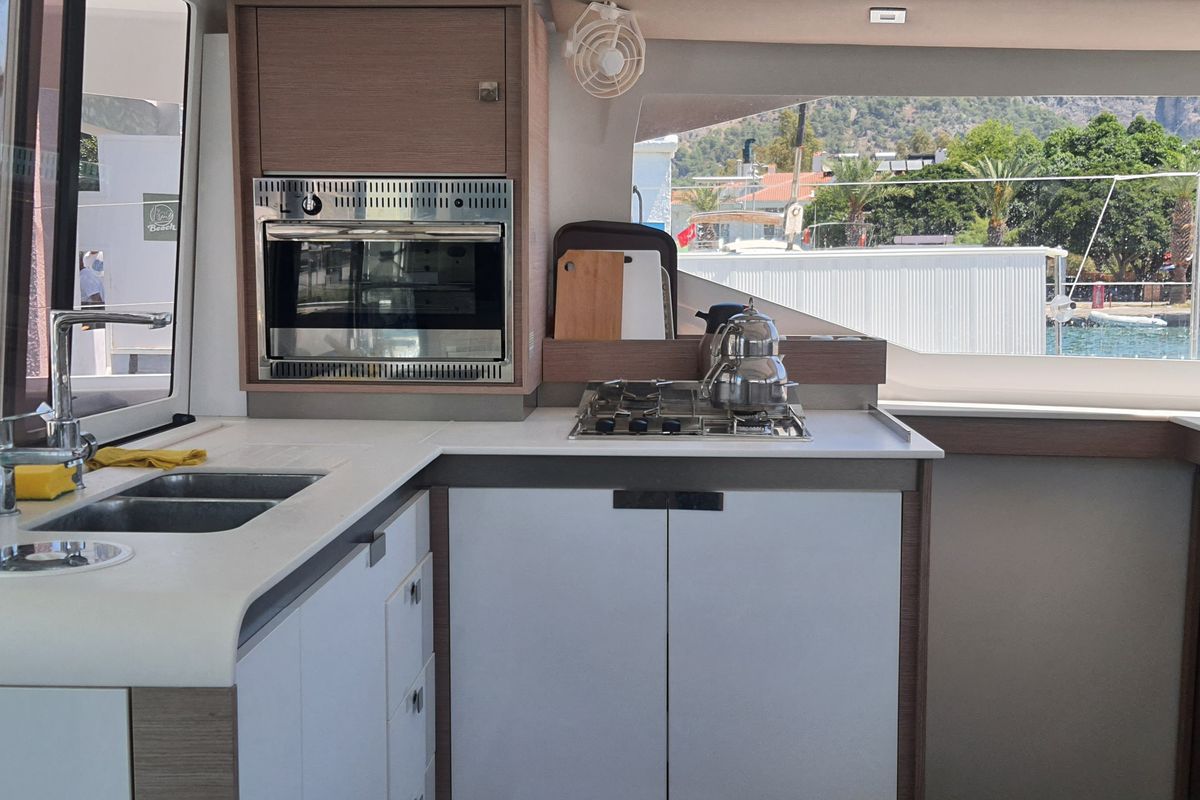 Galley of Arven, a Fountaine Pajot Isla 40 catamaran at Marmaris, Turkey
