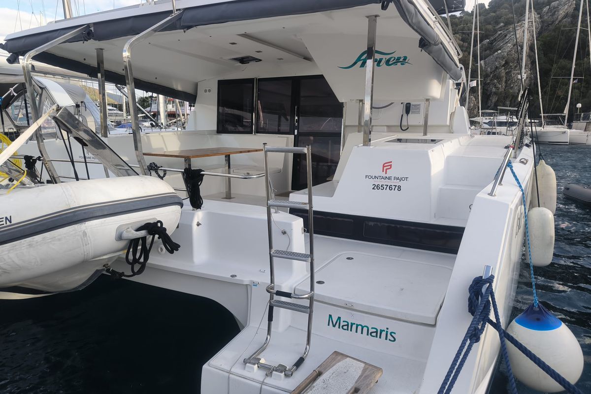 Exterior view of Arven, a Fountaine Pajot Isla 40 catamaran at Marmaris, Turkey
