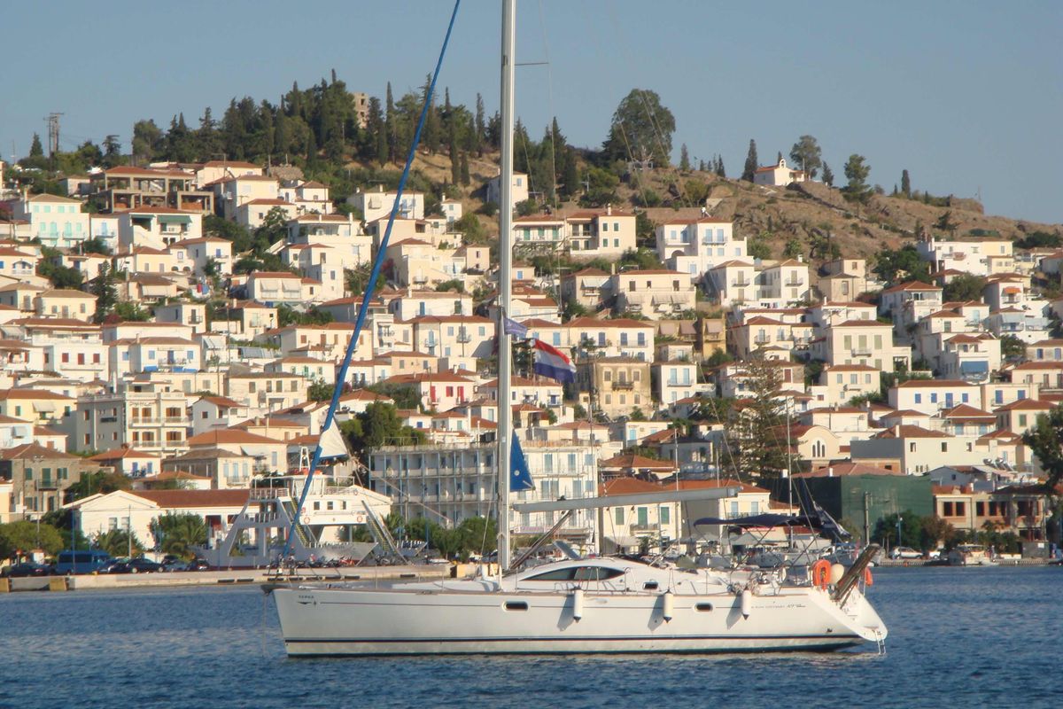 Exterior view of Idrea, a Jeanneau Sun Odyssey 49DS sailboat at Lavreotiki Municipal Unit, Greece