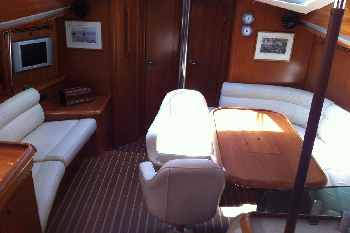 Salon of Idrea, a Jeanneau Sun Odyssey 49DS sailboat at Lavreotiki Municipal Unit, Greece