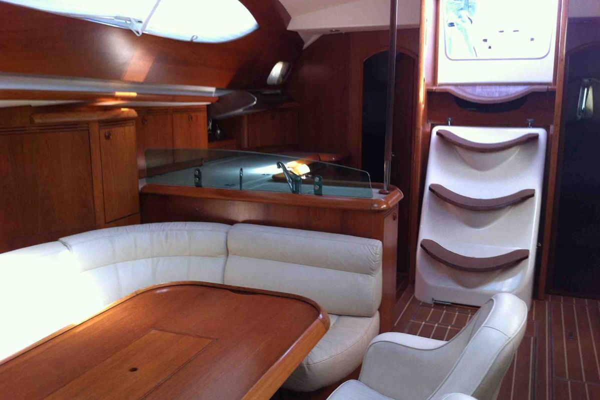 Salon of Idrea, a Jeanneau Sun Odyssey 49DS sailboat at Lavreotiki Municipal Unit, Greece