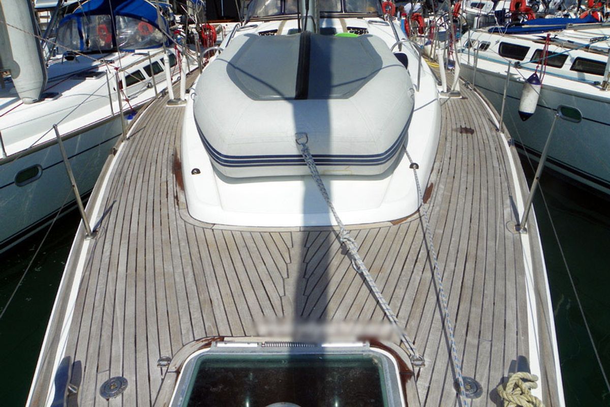 Deck of Idrea, a Jeanneau Sun Odyssey 49DS sailboat at Lavreotiki Municipal Unit, Greece