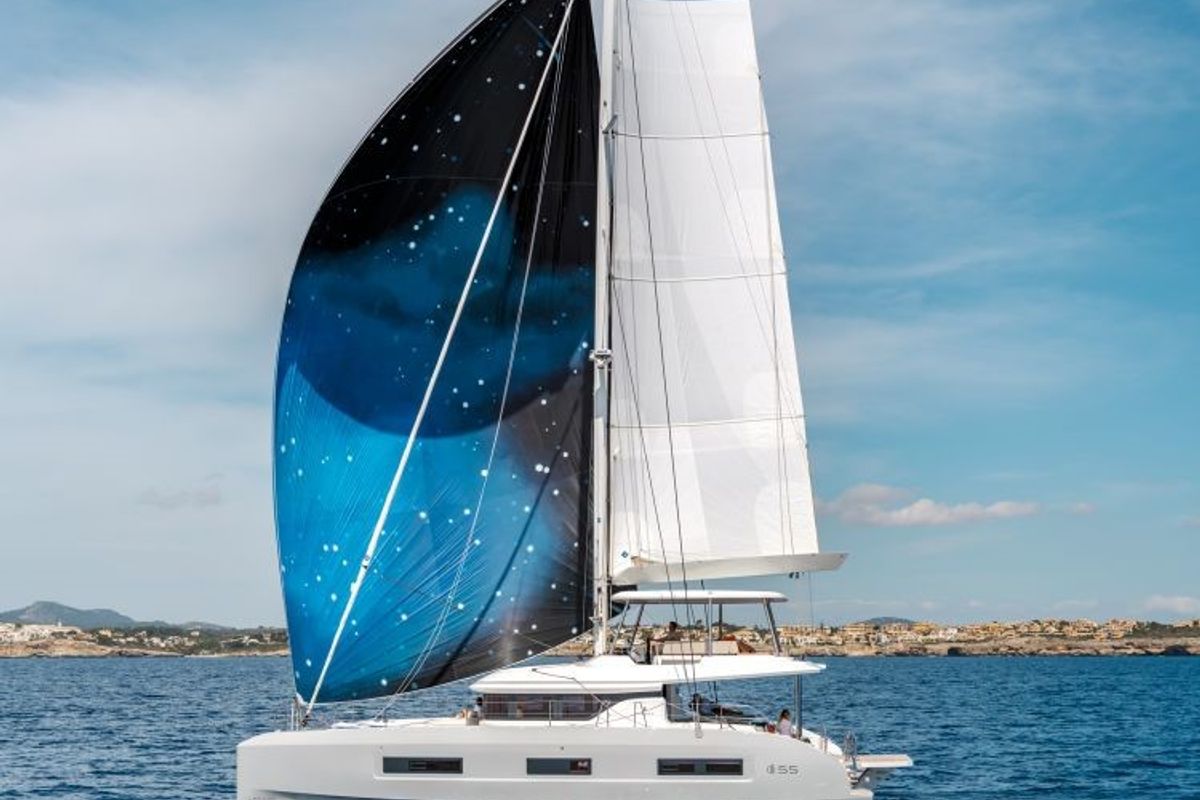 Exterior view of Verina Star , a Lagoon 55 catamaran at Athens, Greece