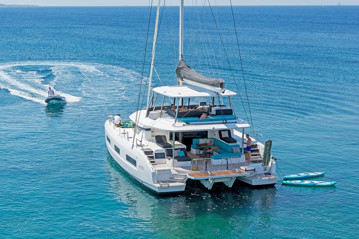 Exterior view of Verina Star , a Lagoon 55 catamaran at Athens, Greece
