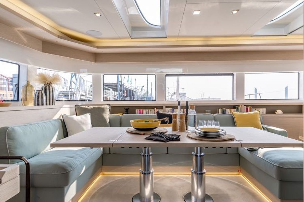 Salon of Verina Star , a Lagoon 55 catamaran at Athens, Greece