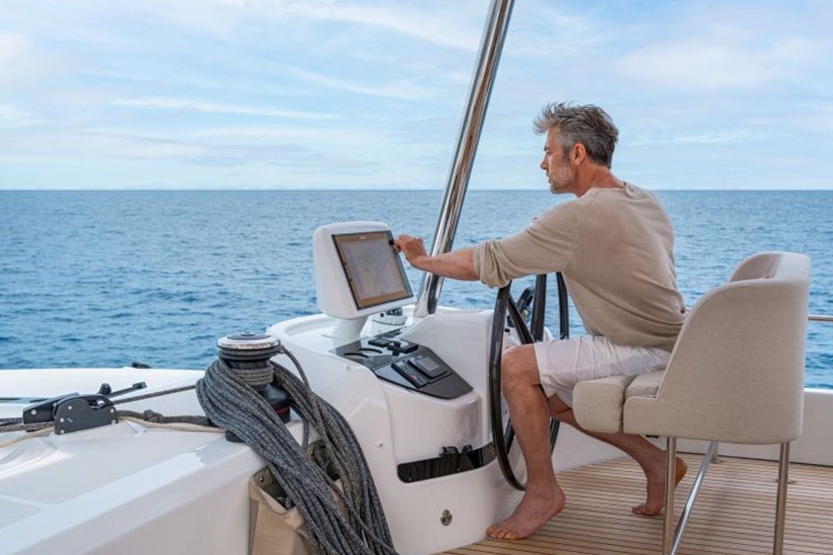 Cockpit of Verina Star , a Lagoon 55 catamaran at Athens, Greece