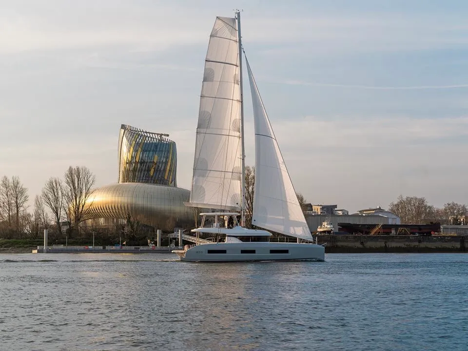 Exterior view of Verina Star , a Lagoon 55 catamaran at Athens, Greece
