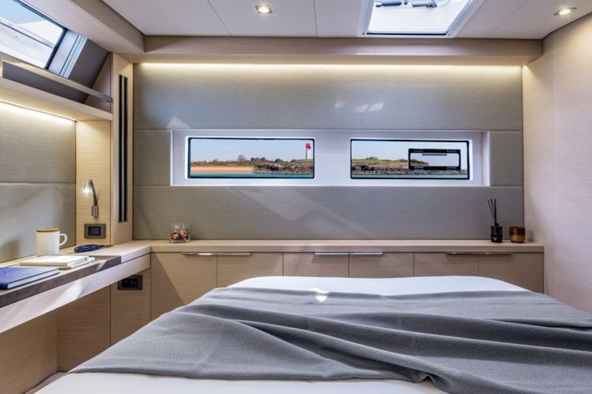 Exterior view of Verina Star , a Lagoon 55 catamaran at Athens, Greece
