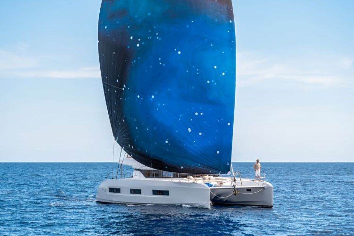 Exterior view of Verina Star , a Lagoon 55 catamaran at Athens, Greece