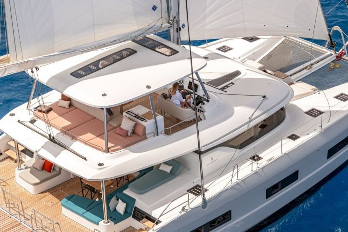 Exterior view of Verina Star , a Lagoon 55 catamaran at Athens, Greece