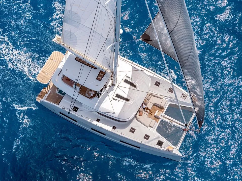 Exterior view of Verina Star , a Lagoon 55 catamaran at Athens, Greece