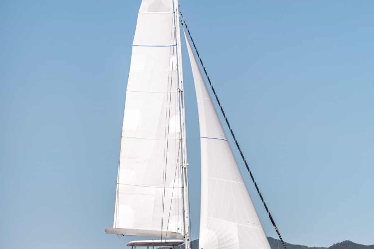 Exterior view of Verina Star , a Lagoon 55 catamaran at Athens, Greece