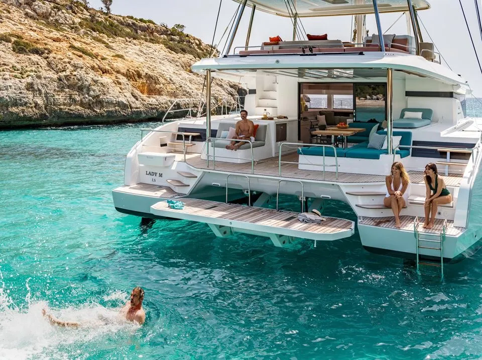 Exterior view of Verina Star , a Lagoon 55 catamaran at Athens, Greece