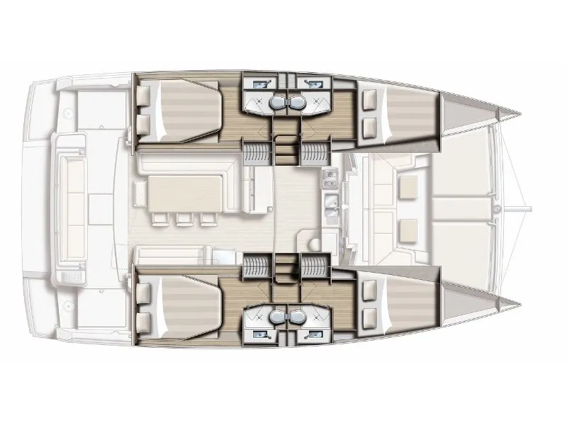 Floor plan of Double Six, a Bali 4.1 catamaran at Kalkara, Malta