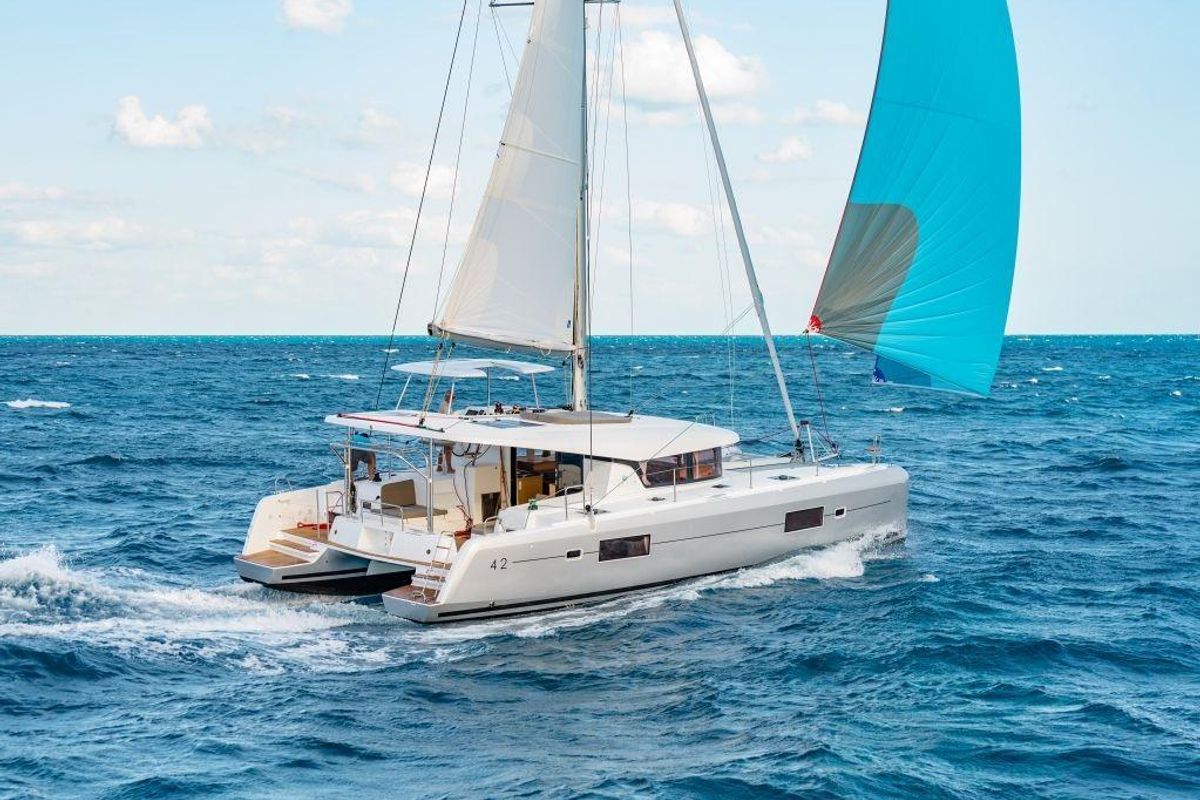 Exterior view of Marepiatto, a Lagoon 42 catamaran at Salerno, Italy