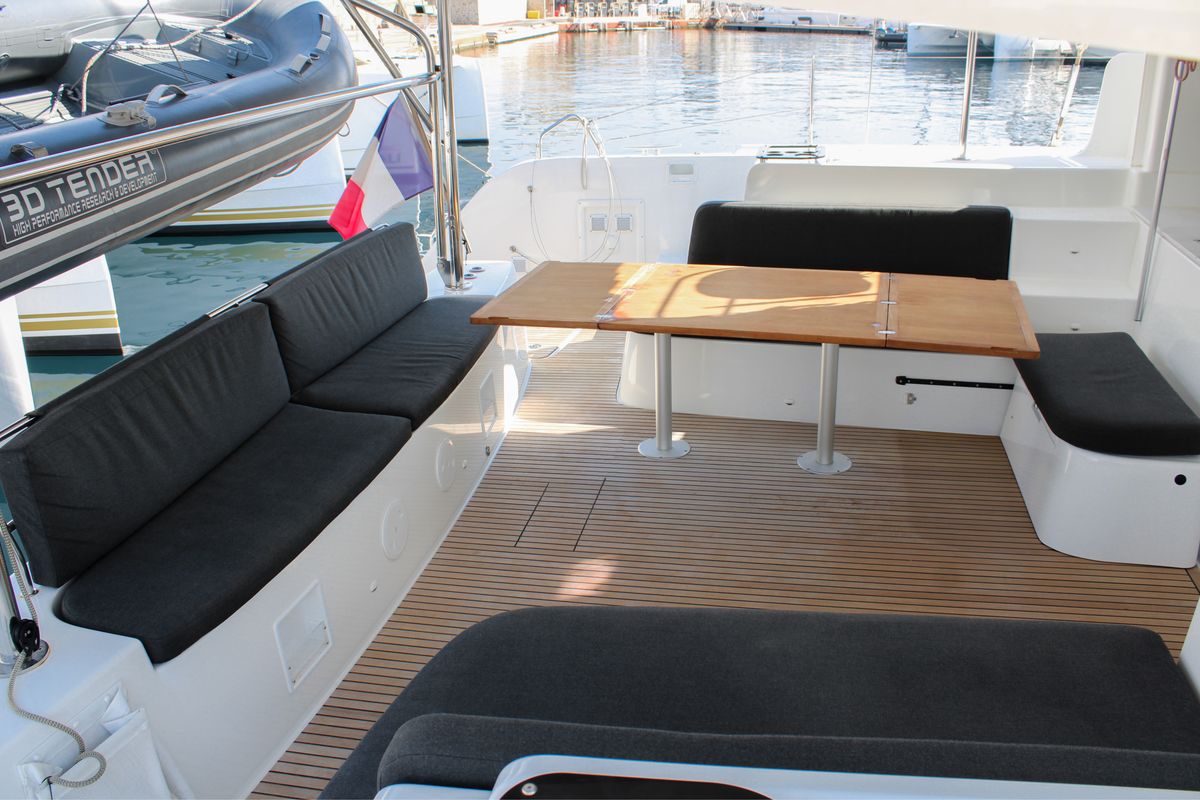 Deck of L'Orceo, a Lagoon 46 catamaran at Ajaccio, France