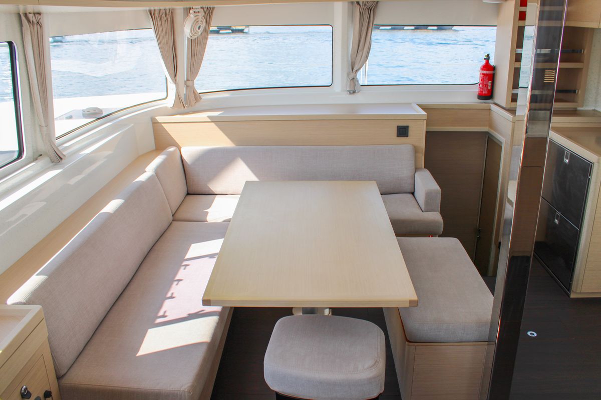 Salon of L'Orceo, a Lagoon 46 catamaran at Ajaccio, France
