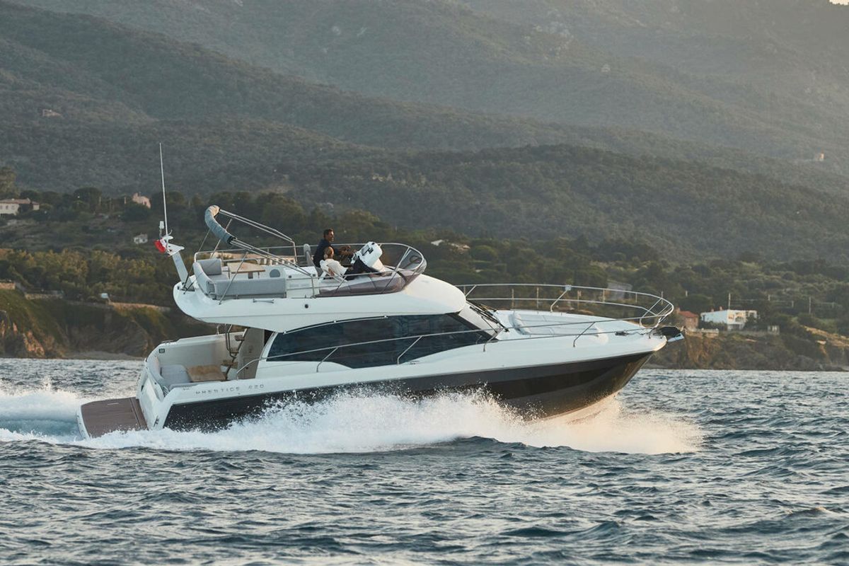 Exterior view of Martin, a Jeanneau Prestige 420 Fly yacht at Split, Croatia