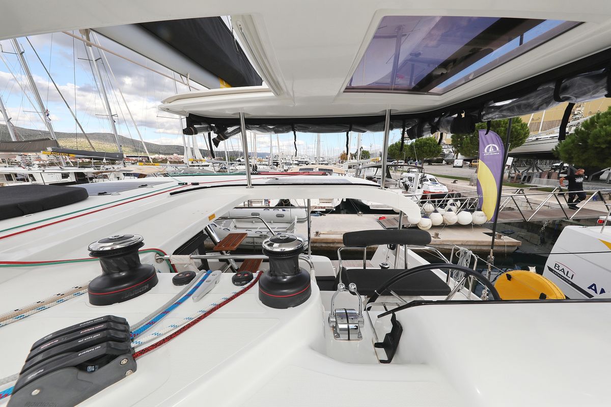 Cockpit of Demi Doux, a Lagoon 42 catamaran at Grad Trogir, Croatia