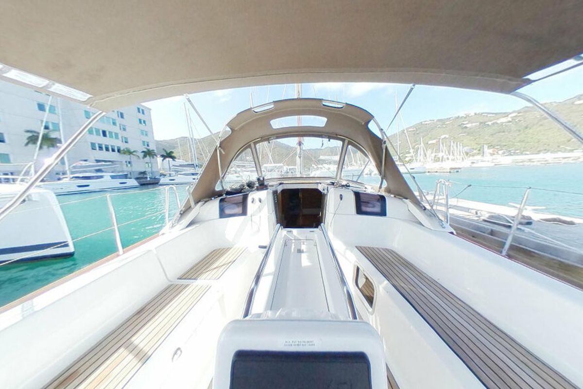 Cockpit of Carelli, a Jeanneau Sun Odyssey 389 sailboat at Road Town, British Virgin Islands