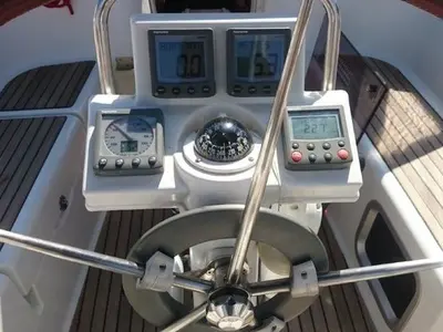 Cockpit of Mare Doro, a Jeanneau Sun Odyssey 33i sailboat at Marina Delta Kallithea, Greece