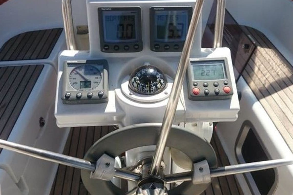 Cockpit of Mare Doro, a Jeanneau Sun Odyssey 33i sailboat at Marina Delta Kallithea, Greece