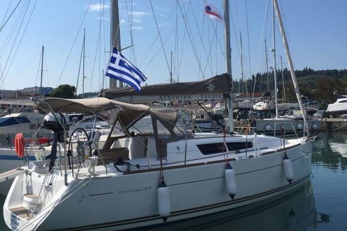 Exterior view of Mare Doro, a Jeanneau Sun Odyssey 33i sailboat at Marina Delta Kallithea, Greece