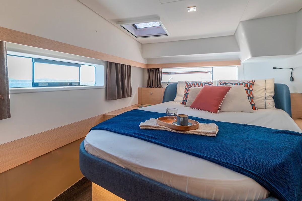 Cabin on Agios Paisios, a Fountaine Pajot FP 44 catamaran at Athens, Greece