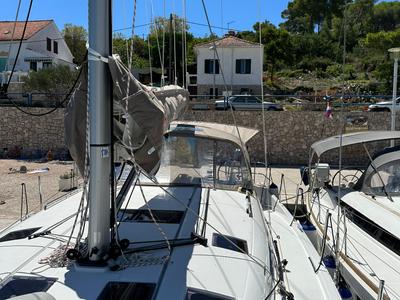 Deck of Izzy, a Jeanneau Sun Odyssey 490 sailboat at Rogač, Croatia