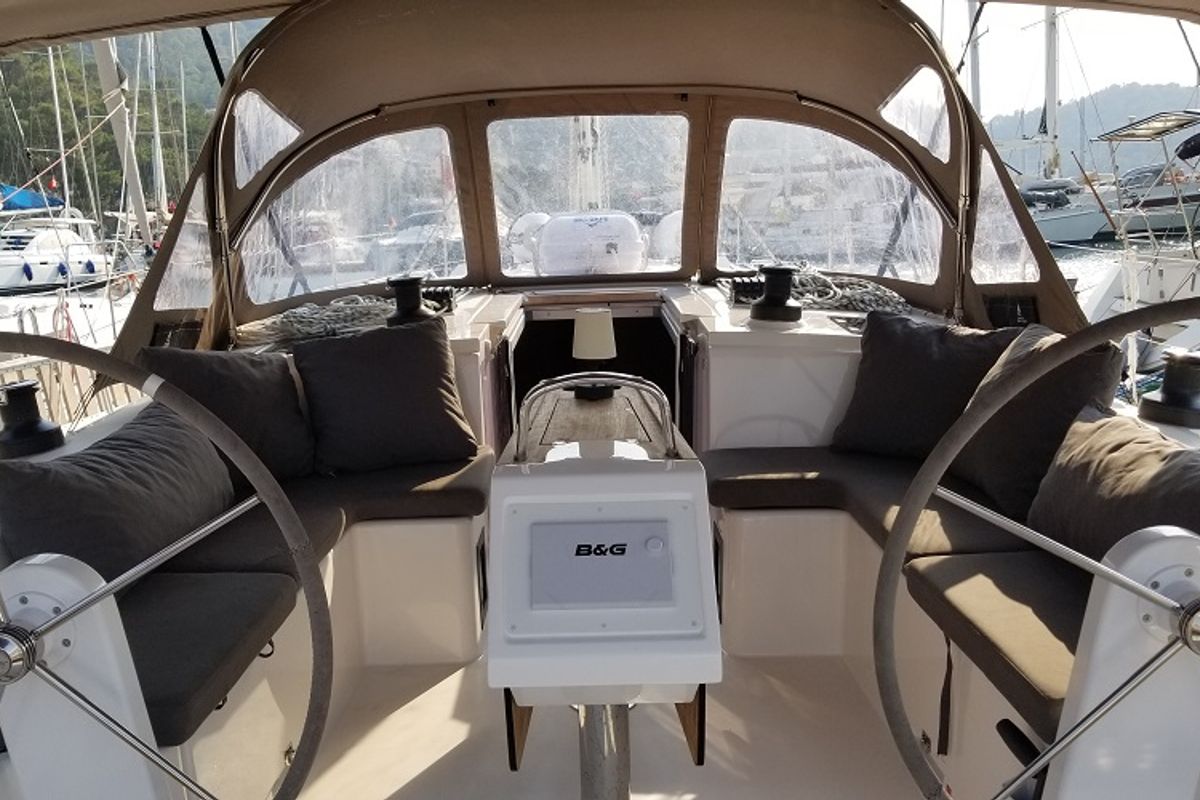 Cockpit of Fiesta, a Bavaria C42 sailboat at Fethiye, Turkey