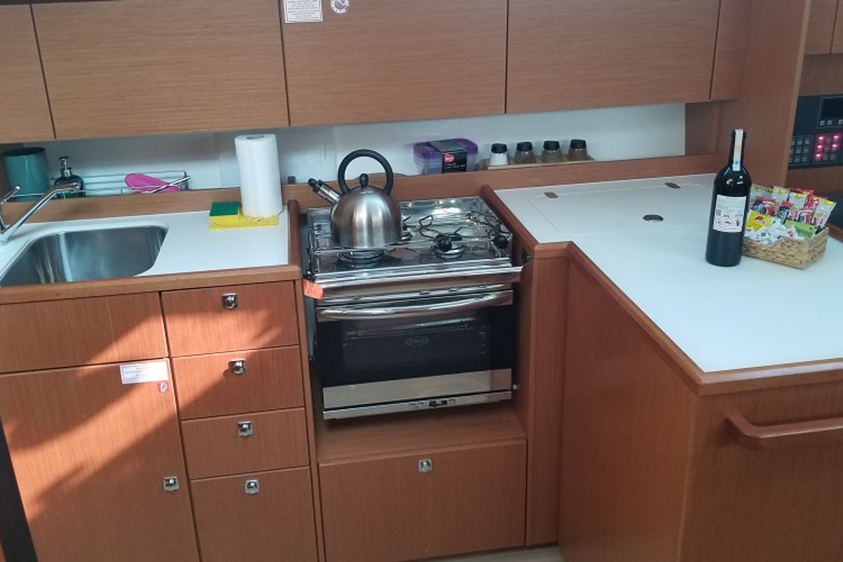 Galley of Fiesta, a Bavaria C42 sailboat at Fethiye, Turkey
