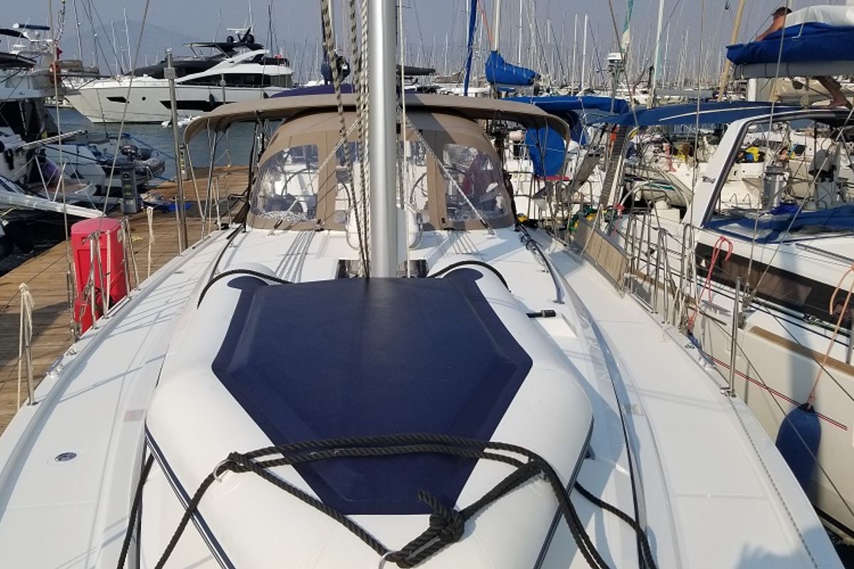 Deck of Fiesta, a Bavaria C42 sailboat at Fethiye, Turkey