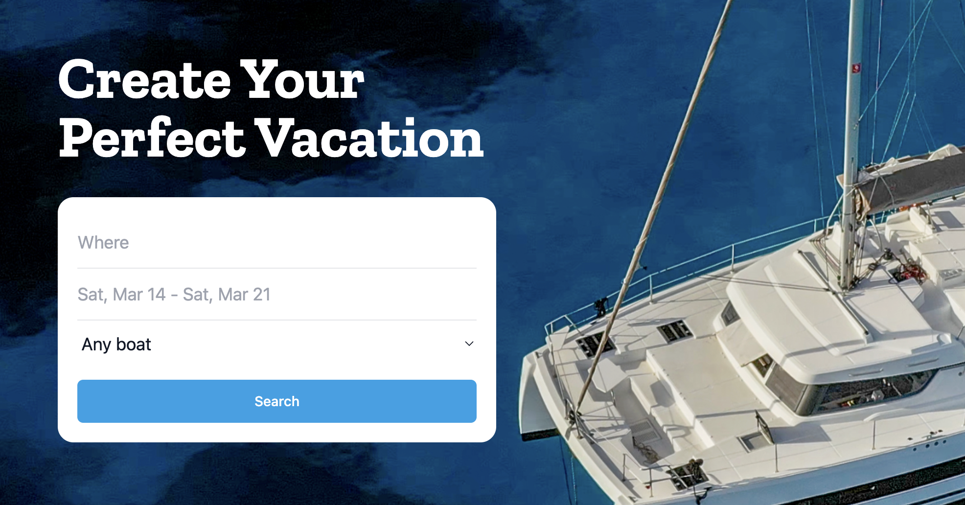 Charter.Boats search widget embedded on a charter operator website showing location, date, and boat type fields
