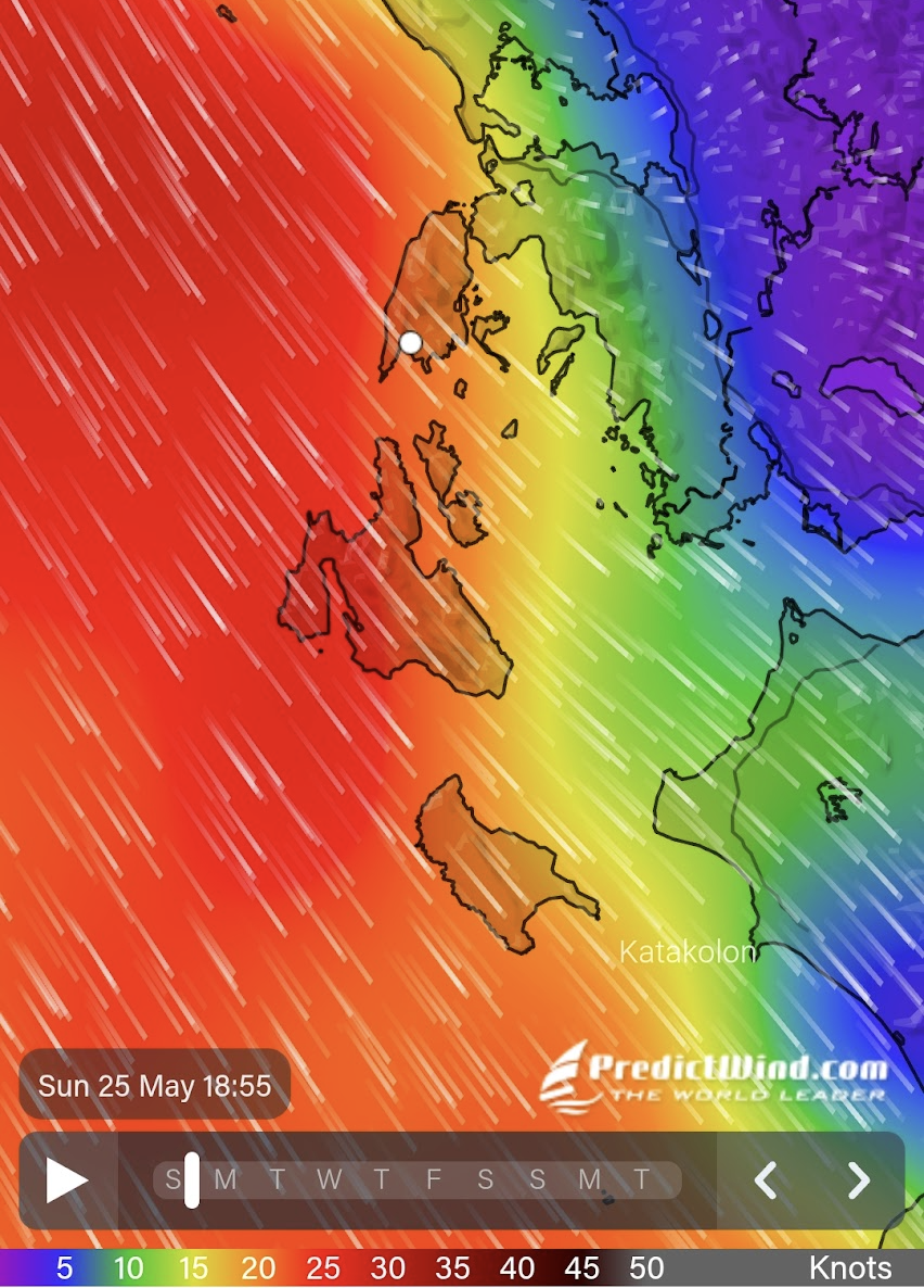 PredictWind forecast for May 25th showing approximately 25 knots at Vasiliki — still 30% under the actual 35+ knots measured at the quay