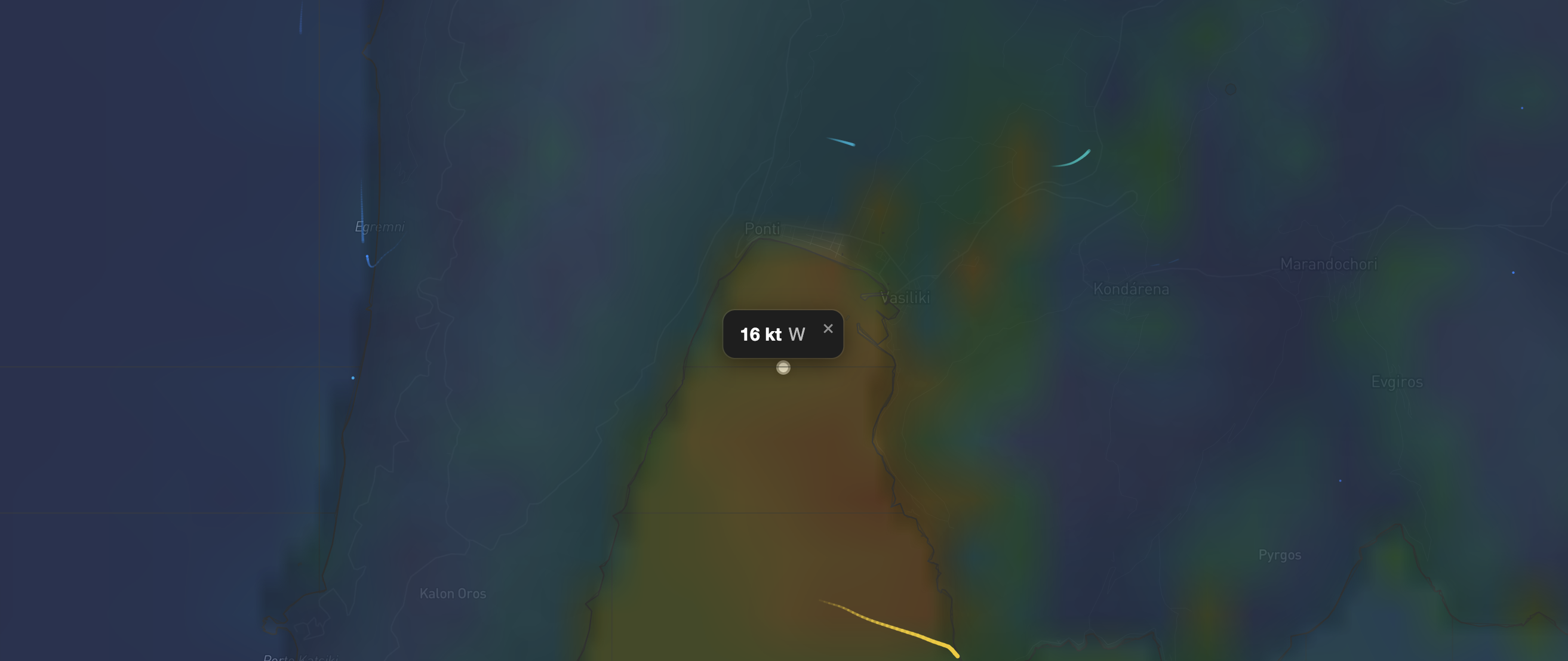 Charter.Boats terrain difference layer showing 16 knots of additional wind near Vasiliki that standard forecasts miss entirely